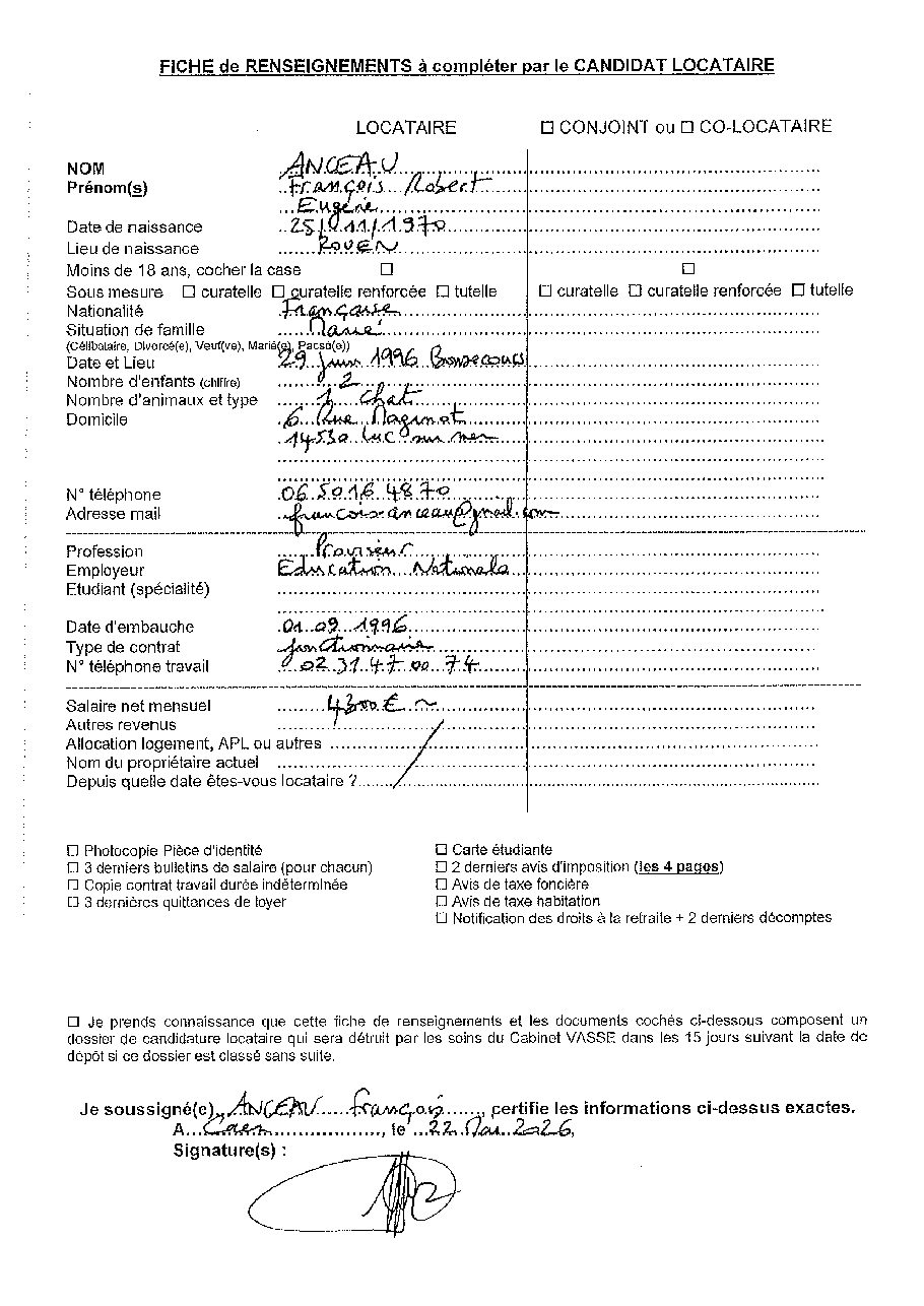 Aperçu de Fiche locataire