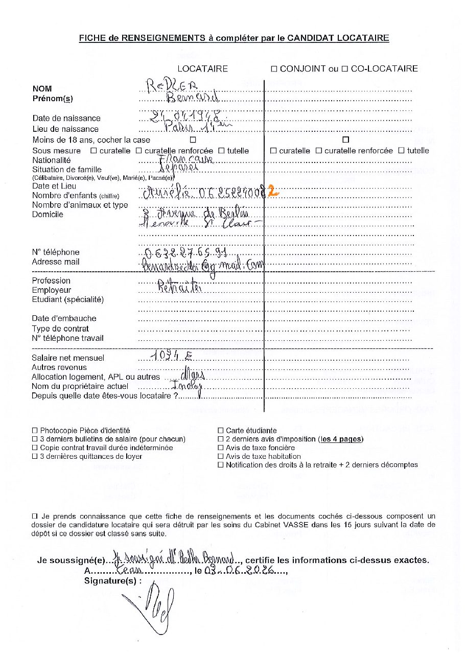 Aperçu de Fiche locataire
