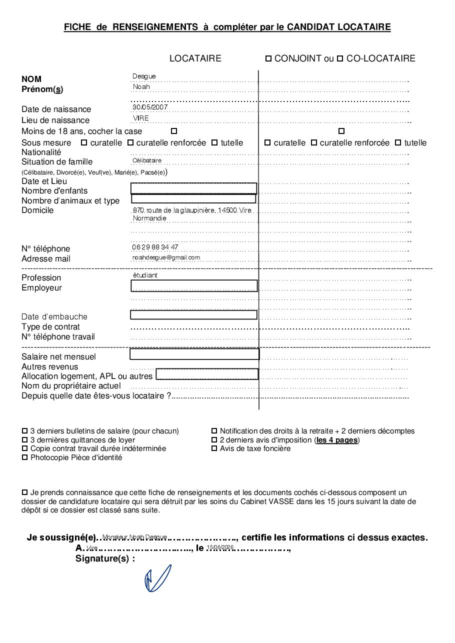 Aperçu de Fiche locataire