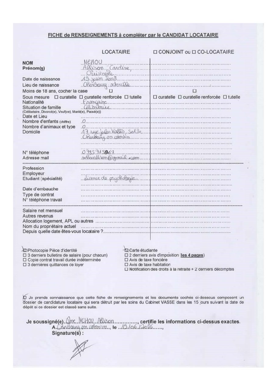 Aperçu de Fiche locataire