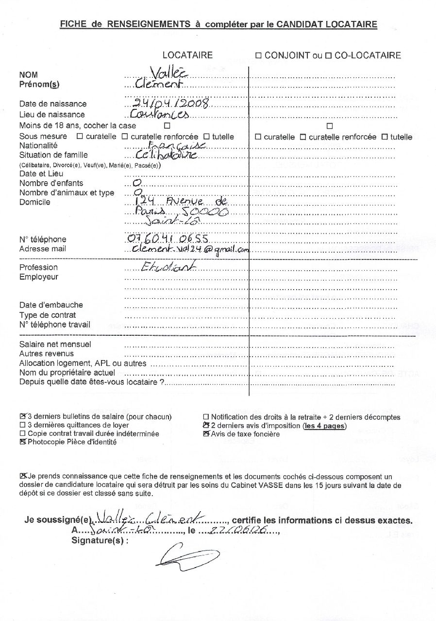 Aperçu de Fiche locataire