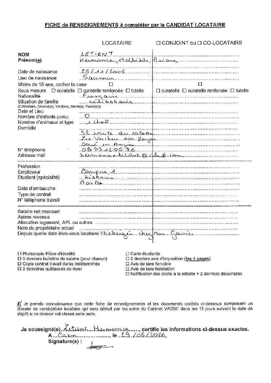 Aperçu de Fiche locataire