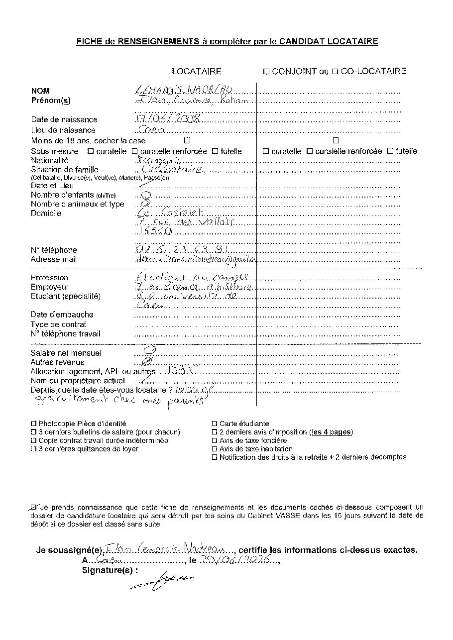 Aperçu de Fiche locataire