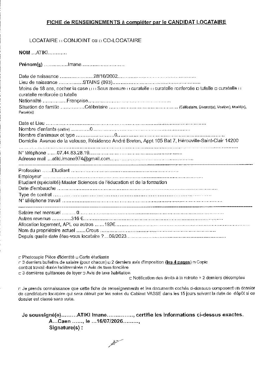 Aperçu de Fiche locataire