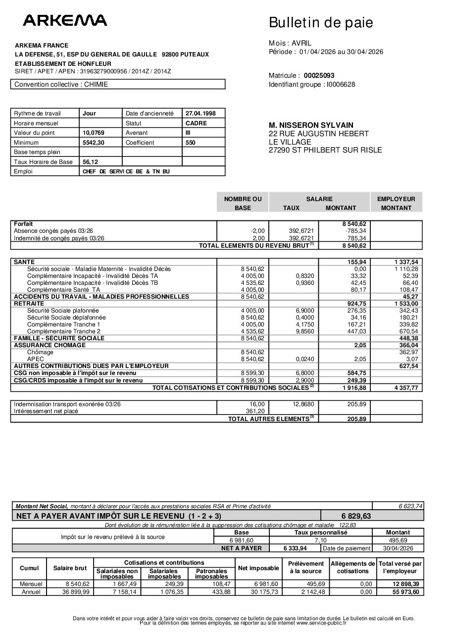 Aperçu de ARKEMA-Sylvain NISSERON-Fiche de paie-2026-04.pdf