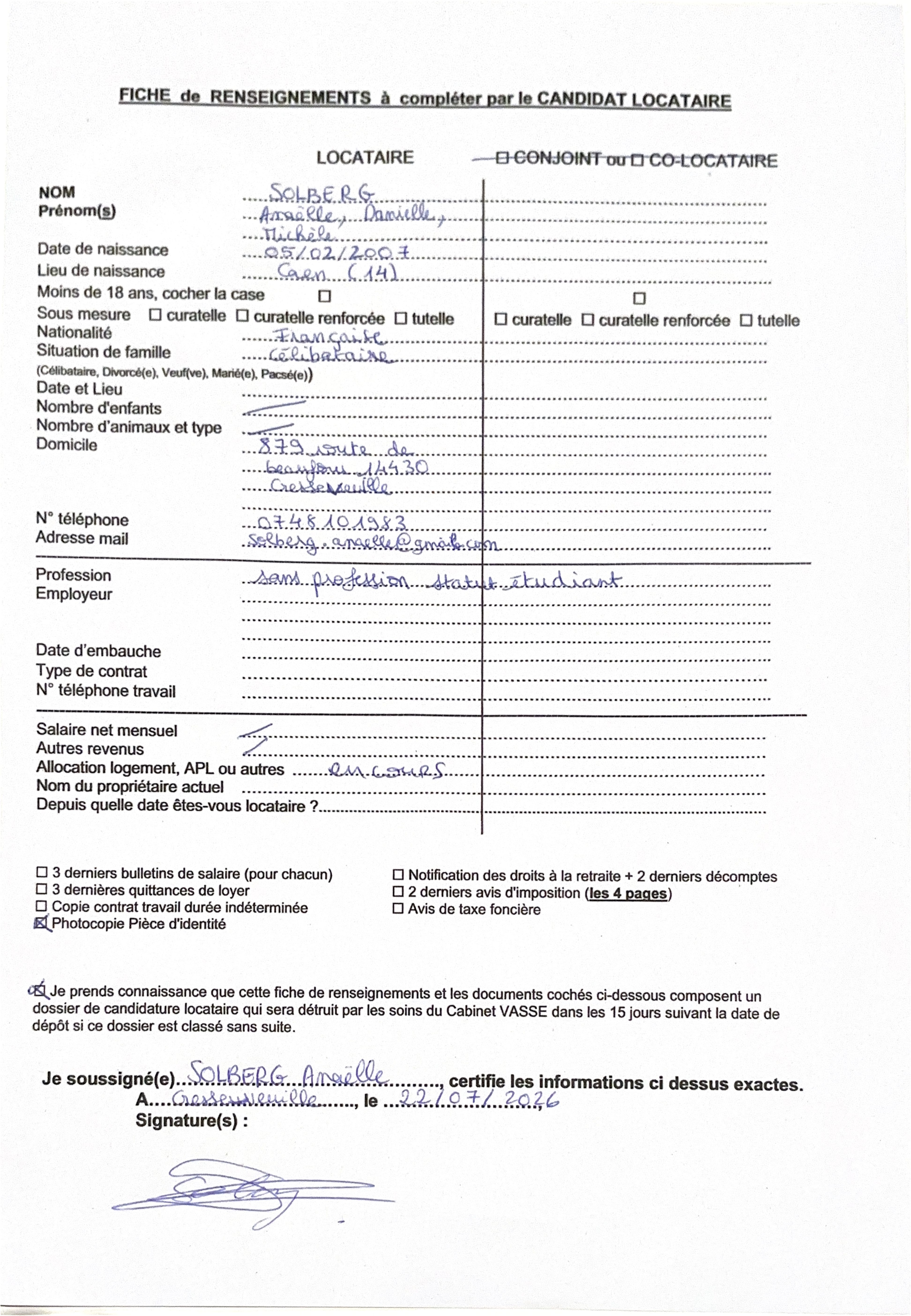 Aperçu de Fiche locataire