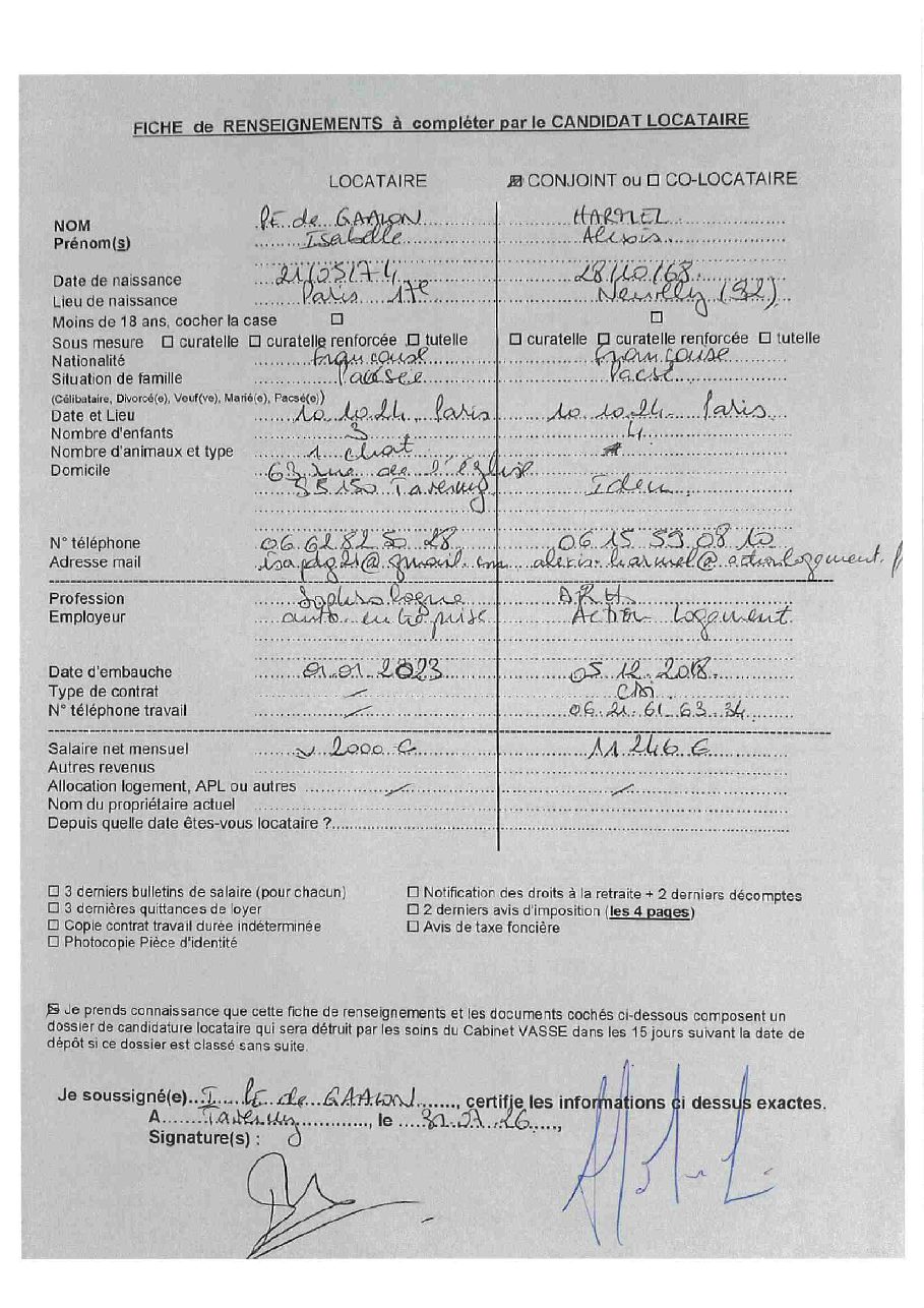 Aperçu de Fiche Locataire
