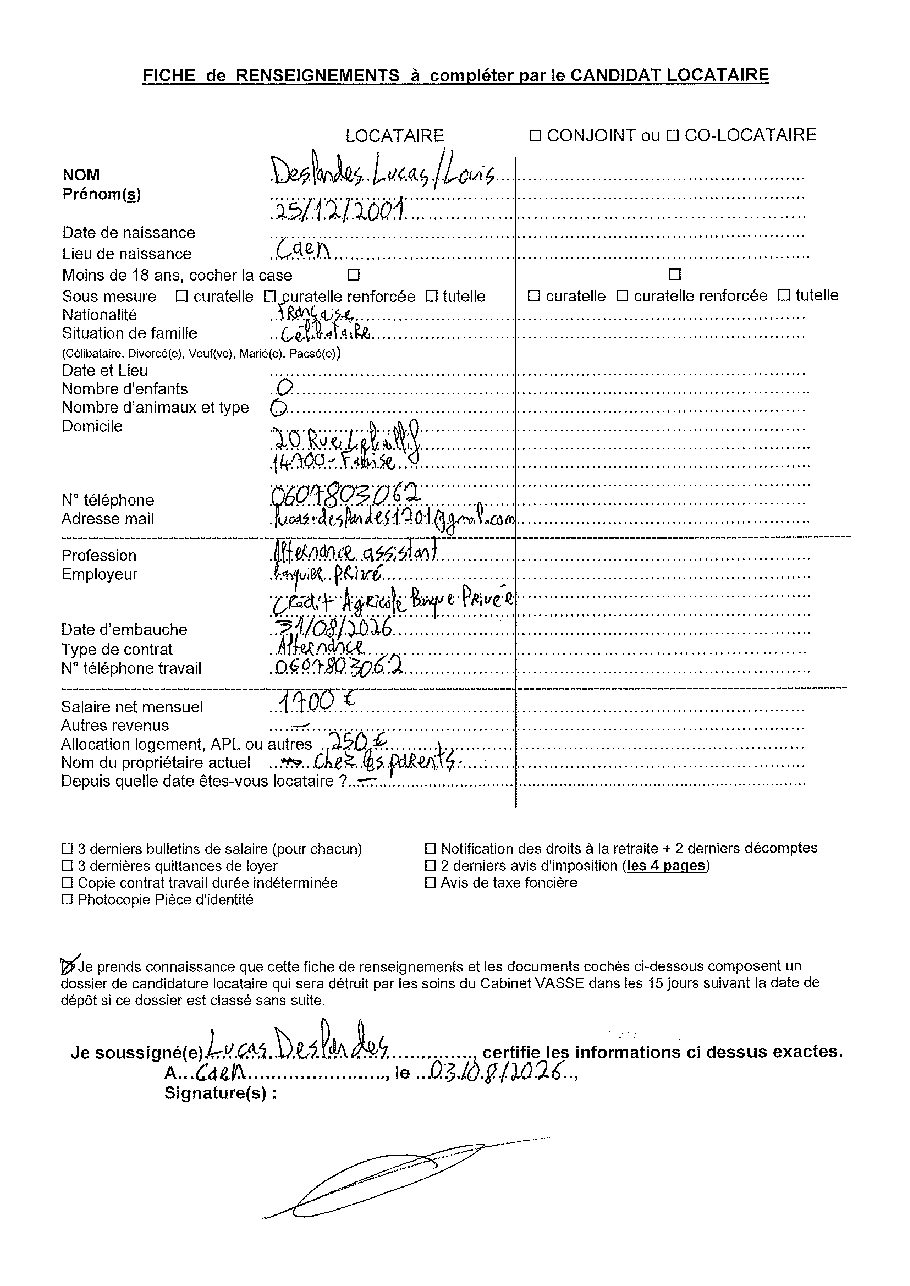 Aperçu de Fiche locataire