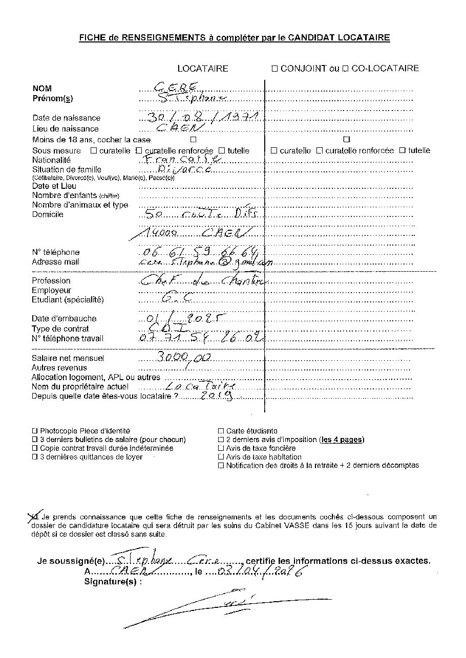 Aperçu de Fiche locataire