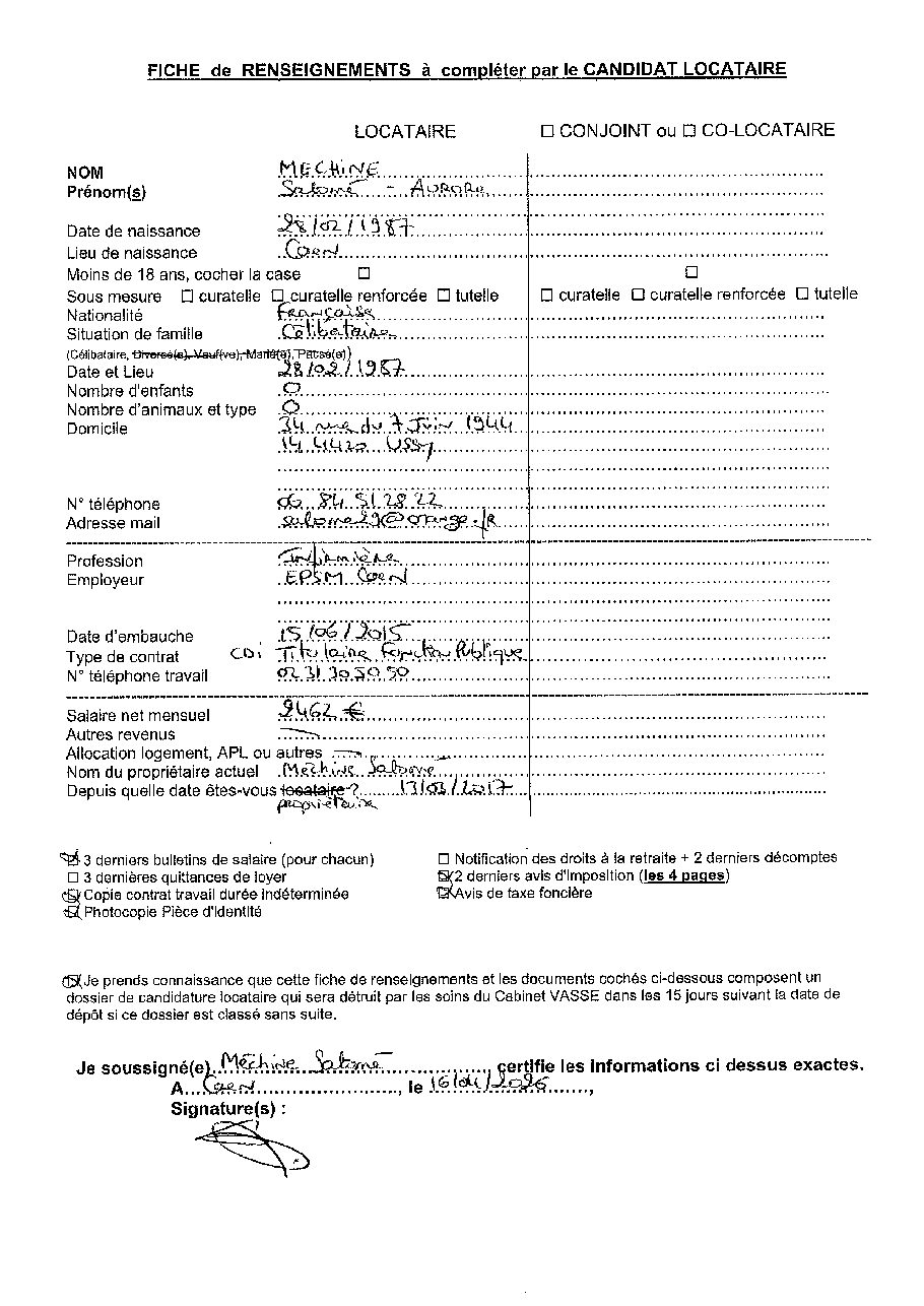 Aperçu de Fiche locataire