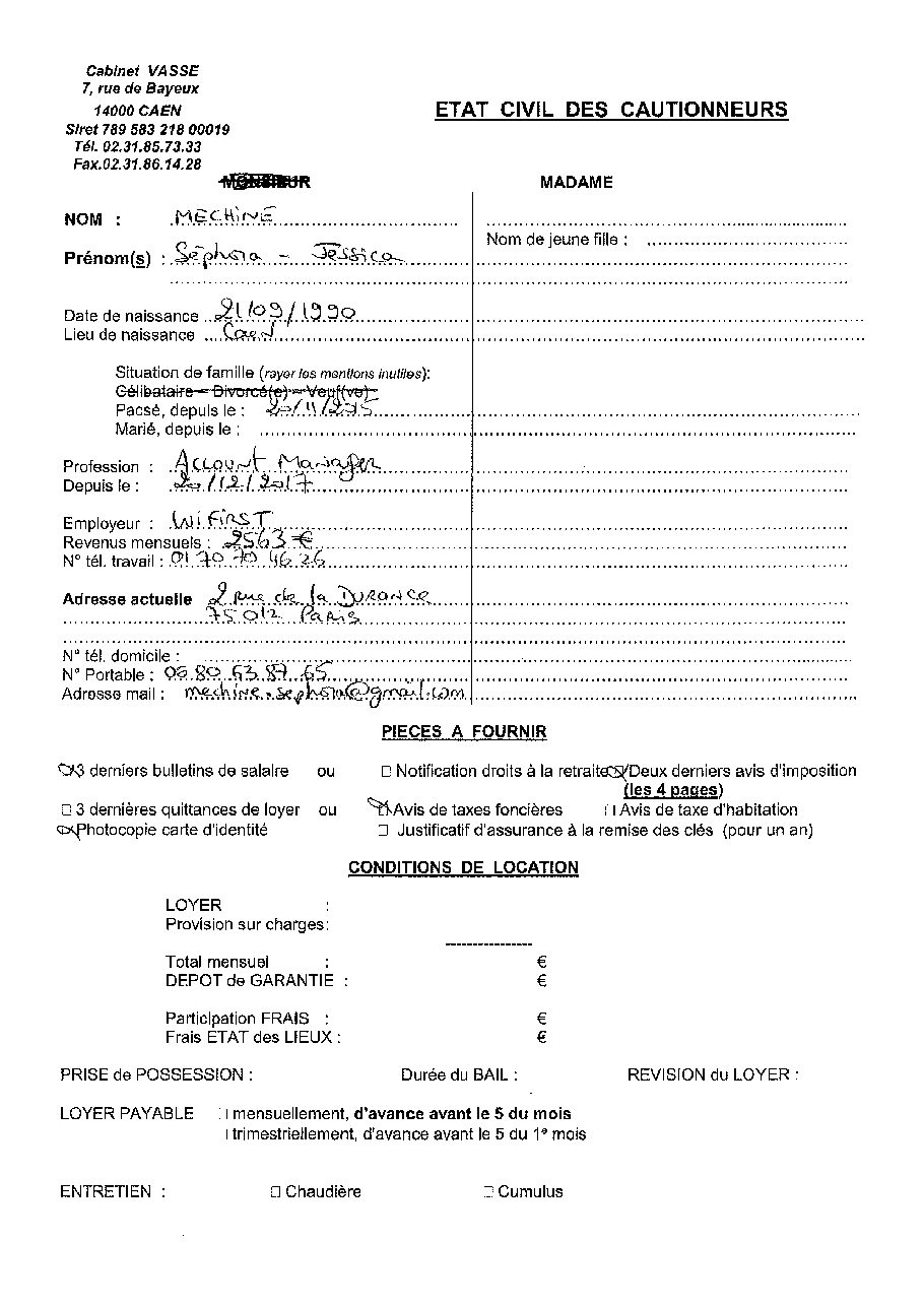 Aperçu de Fiche cautionneur