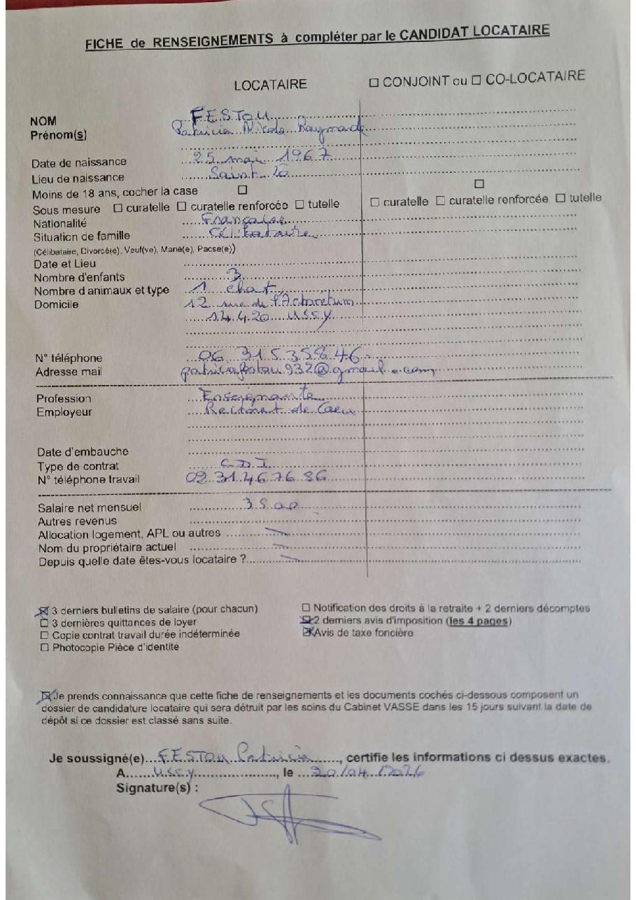 Aperçu de Fiche locataire
